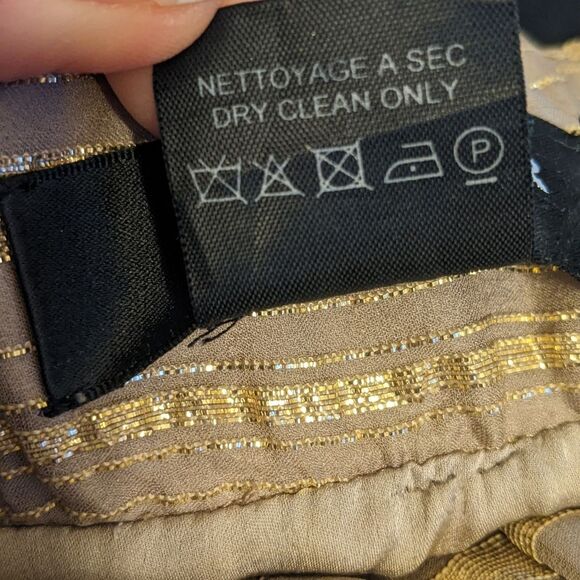 JAY AHR taupe & gold striped strapless floor length maxi dress, soie silk M - Picture 5 of 7